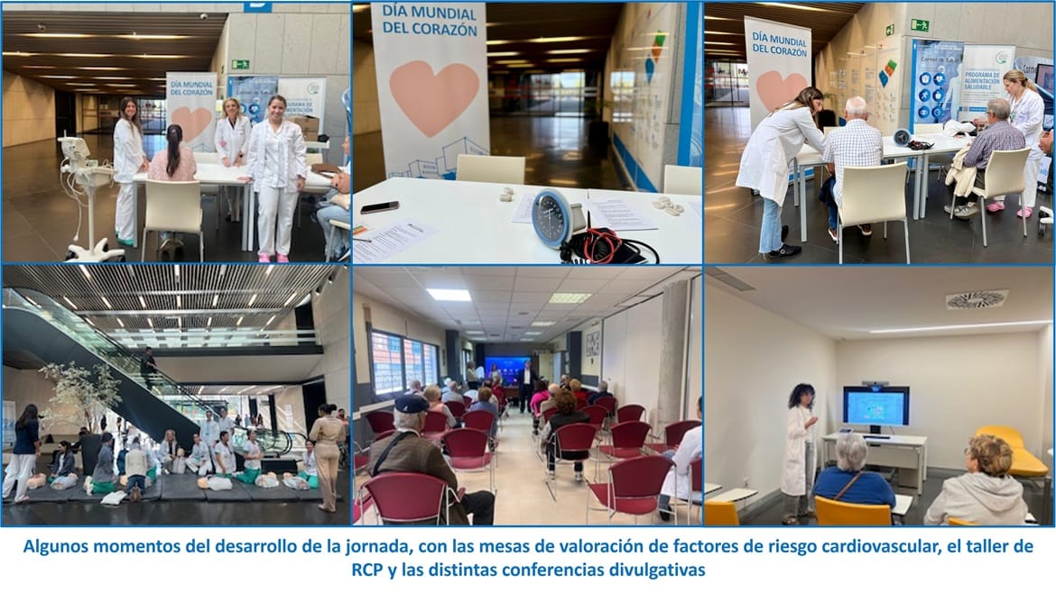 Algunos momentos del desarrollo de la jornada en el HUGV, con las mesas de valoración de factores de riesgo cardiovascular, el taller de RCP y las distintas conferencias divulgativas